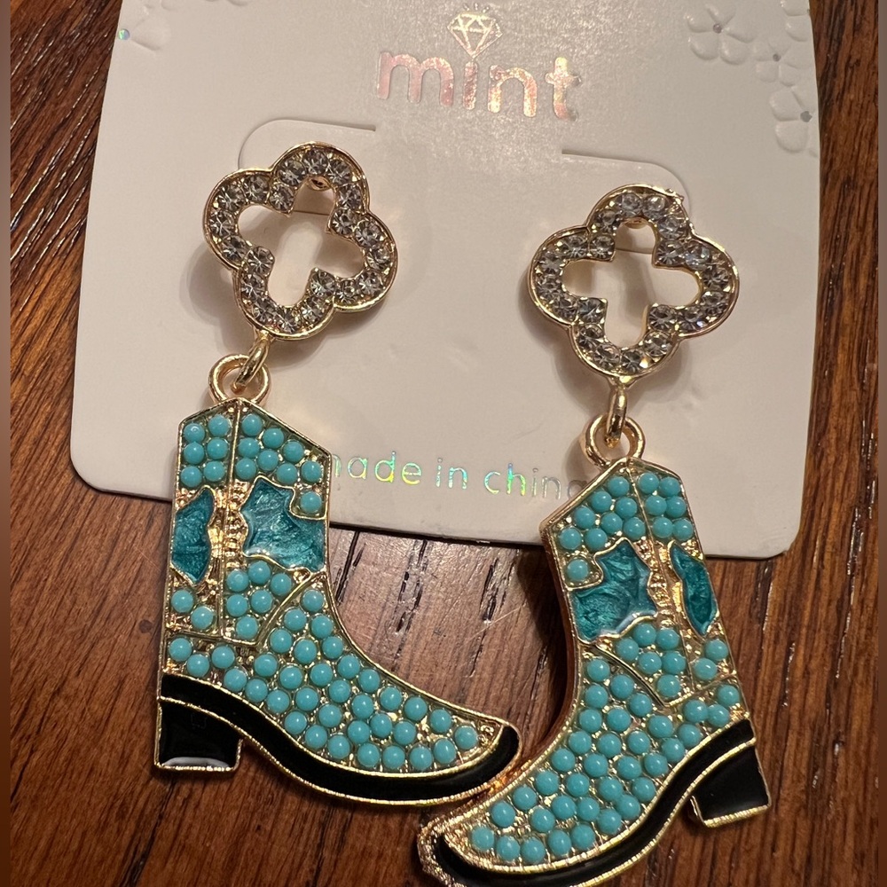 Turquoise Gold Rhinestone Boot Dangle Earrings